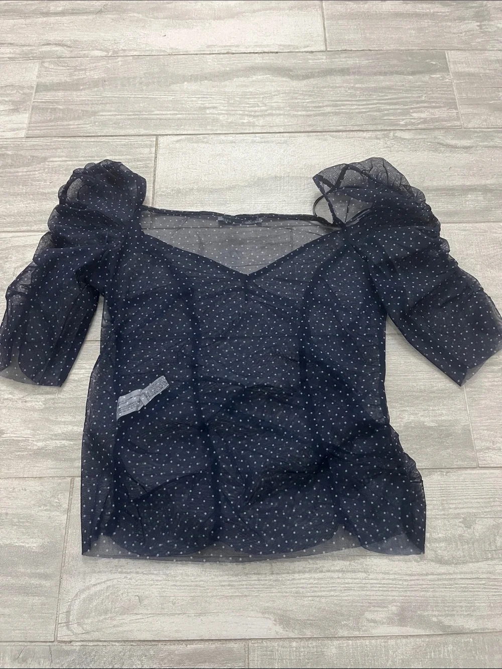 Zara Navy Sheer Puff-Sleeve Polka Dot Blouse